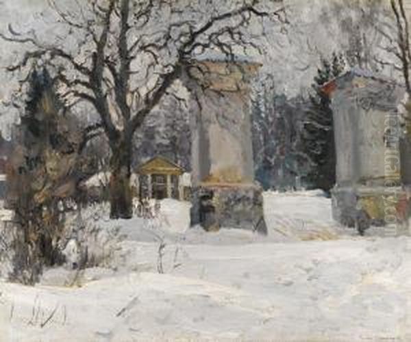 Entrance To An Estate In Winter Oil Painting by Sergey Arsenievich Vinogradov