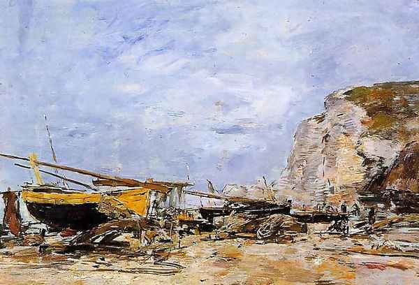 Etretat, Boats Stranded on the Beach Oil Painting by Eugene Boudin