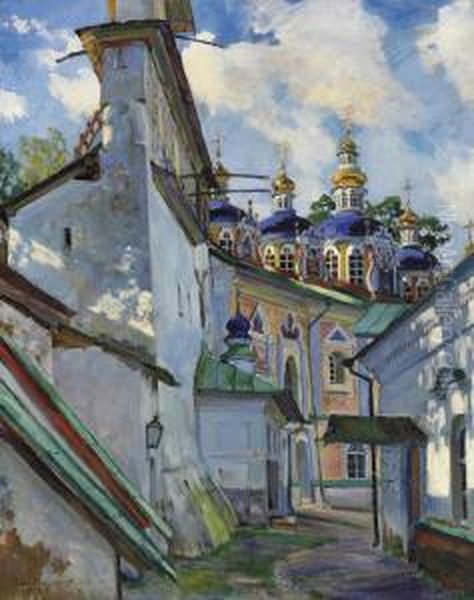 The Belfry And Cupola Of The Uspensky Cathedral Of The Pskovo-pechersky Monastery Oil Painting by Sergey Arsenievich Vinogradov