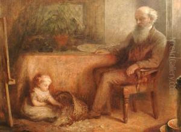 An Artist Seated Before An Easel With A Childat His Feet Oil Painting by John Alfred Vinter