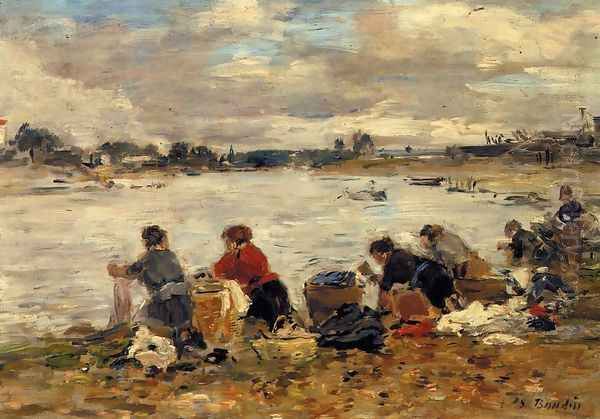 Laundresses on the Banks of the Touques VII Oil Painting by Eugene Boudin