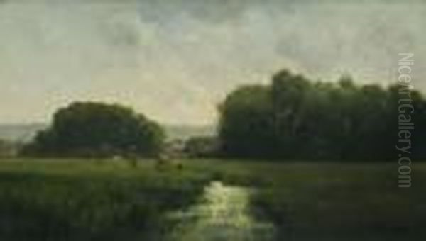 Cows Grazing In A River Landscape Oil Painting by Frederick Porter Vinton