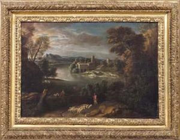 Paesaggio Con Figure E Villaggio Presso Un Fiume Oil Painting by Gian Battista Viola