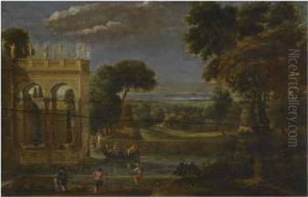 A Classical Wooded Landscape With Figures By A Palace Oil Painting by Gian Battista Viola