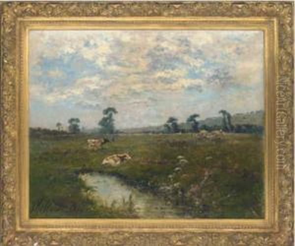 Cattle And Figures In A Landscape Oil Painting by Adolphe Etienne Viollet-Le-Duc