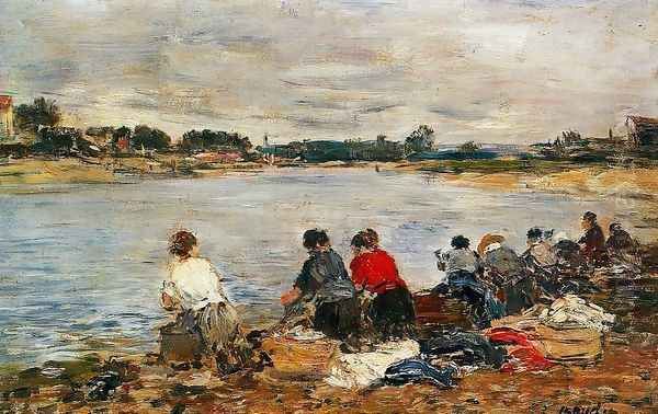 Laundresses on the Banks of the Touques II Oil Painting by Eugene Boudin