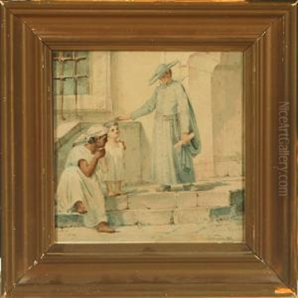 Scene With People Anda Priest On A Staircase Oil Painting by Frederik Mayer Visby