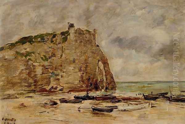 Etretat, Beached Boats and the Cliff of Aval Oil Painting by Eugene Boudin