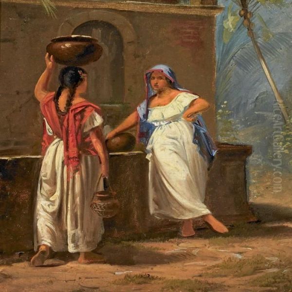 To Italienske Kvinder Ved Enfontaene Oil Painting by Frederik Mayer Visby