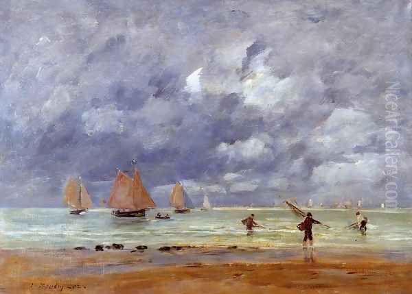 Fishermen and Sailboats near Trouville Oil Painting by Eugene Boudin