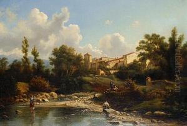 Figures By A River With A Village Beyond Oil Painting by Giuseppe Viscardi