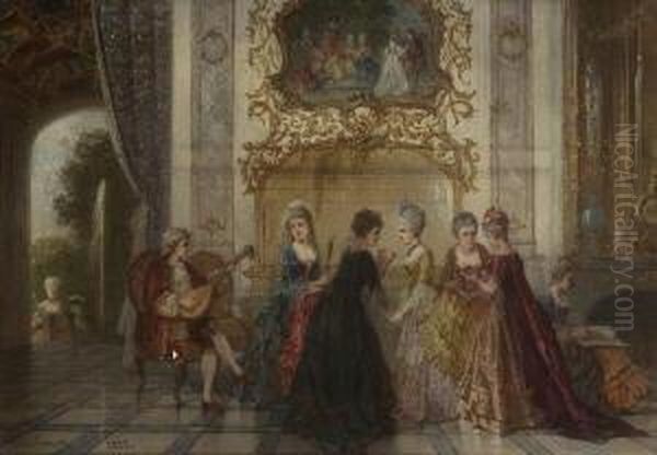 Elegante Gesellschaft Im
 Rokokosalon. Oil Painting by August Vischer