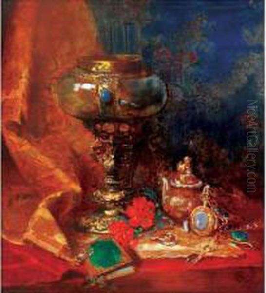 Nature Morte A La Theiere, Livre, Montre Et Objets Precieux Oil Painting by Adolfo A. Ferraguti Visconti