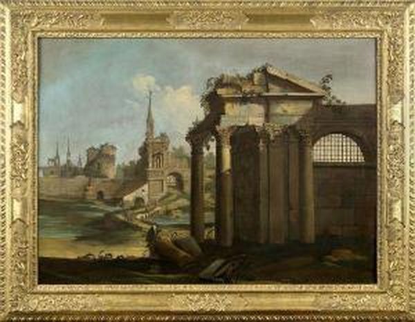 Caprice Architectural Avec Ruines Et Personnages Oil Painting by (Giovanni Antonio Canal) Canaletto