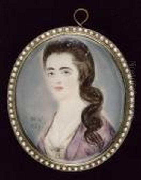 A Miniature Portrait Of A Lady Wearing A Mauve Open Robe Over A Yellow Dress With Pearls At Her Corsage, Further Pearls And Ribbon In Her Brown Hair Oil Painting by Francois Xavier Vispre