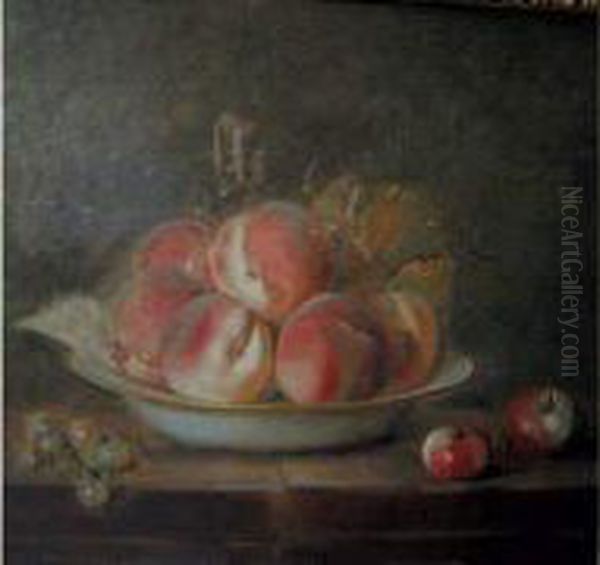 Coupe De Peche, Grappe De Raisin Et Pommes Sur Une Table Oil Painting by Francois Xavier Vispre