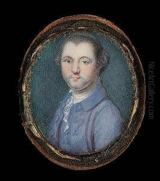 A Miniature Portrait Of A Gentleman, Wearing A Mauve Coat, Matching Waistcoat And White Cravat Oil Painting by Francois Xavier Vispre