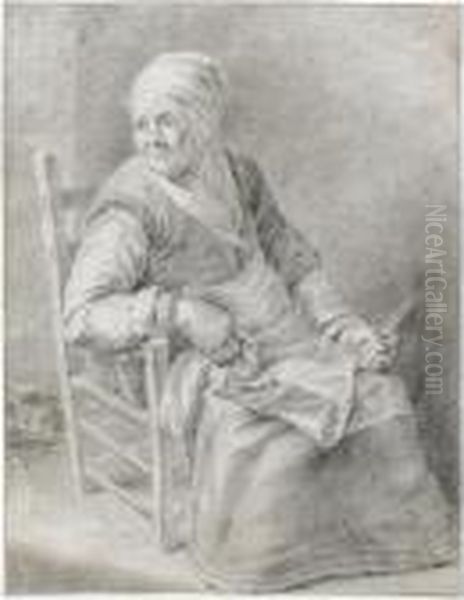 A Seated Old Lady Holding A Knife by Cornelius de Visscher