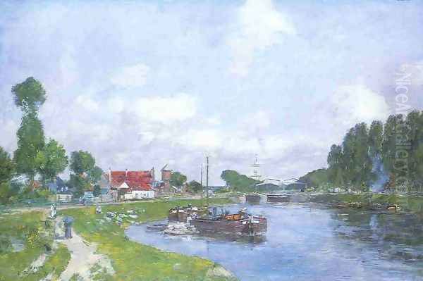 Barges on the Canal, Saint-Valery-sur-Somme Oil Painting by Eugene Boudin