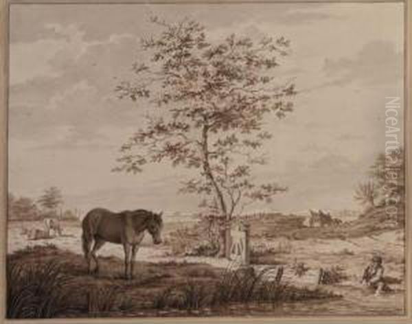 Landscape With A Horse And A Boy With His Feet In A Pond Oil Painting by Johannes Pieter Visser-Bender