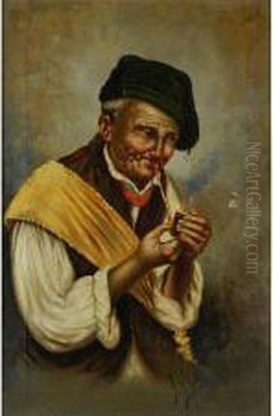 Old Man Smoking A Pipe Oil Painting by F. Vitale