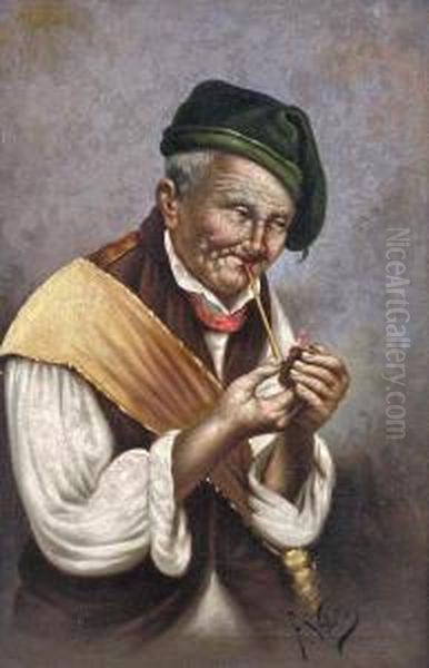 Old Man With Pipe Oil Painting by F. Vitale