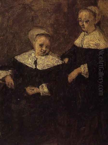 Two Woman (after Adriaen van Ostade) Oil Painting by Eugene Boudin