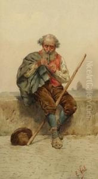 Old Man Resting Smoking A Pipe Oil Painting by Eduard Vitali