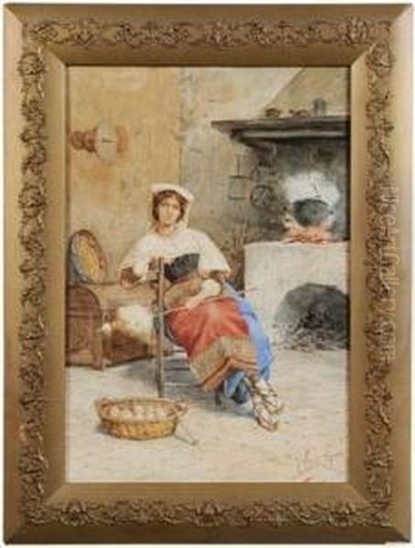 Spinning Yarn By The Hearth Oil Painting by Eduard Vitali