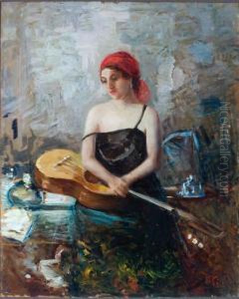 Donna Con Chitarra Oil Painting by Eugenio Viti