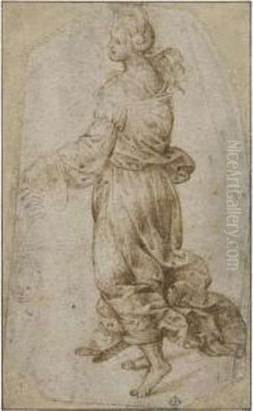 A Female Figure Walking To The Right And A Separate Sketch Of A Head Of A Boy And A Hand Oil Painting by Timoteo Viti