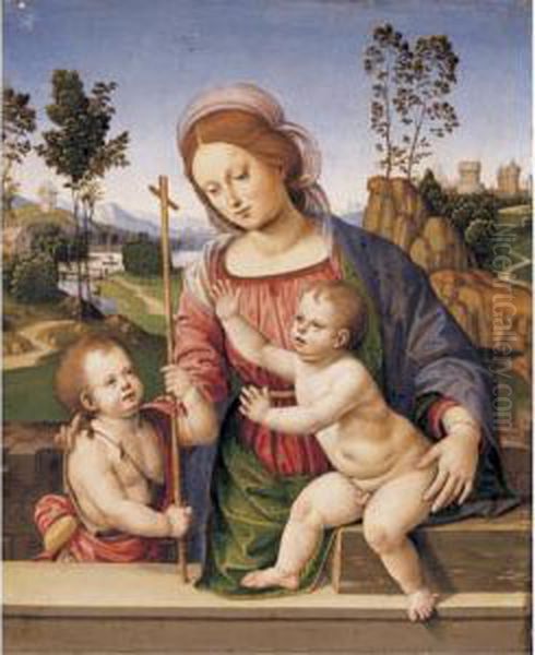 Madonna And Child With The Infant St. John The Baptist In A Landscape Oil Painting by Timoteo Viti