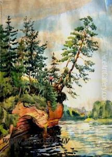 Landscape With River Oil Painting by Eduards Vitols