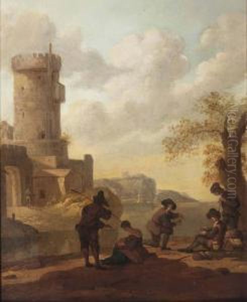 A Coastal Landscape With Figures Resting Outside A City Gate Oil Painting by Wigerius Vitringa