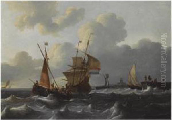 Dutch Shipping In Choppy Waters Near A Dutch Village Oil Painting by Wigerius Vitringa