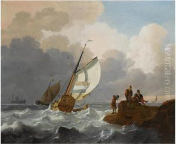 Dutch Sailing Vessels In Choppy Waters, Fisher Folk On The Rocks Inthe Foreground, A View Of A Town Beyond Oil Painting by Wigerius Vitringa