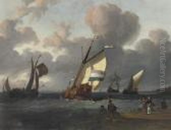 Shipping In Choppy Waters Before A Crowded Beach, A Townbeyond Oil Painting by Wigerius Vitringa