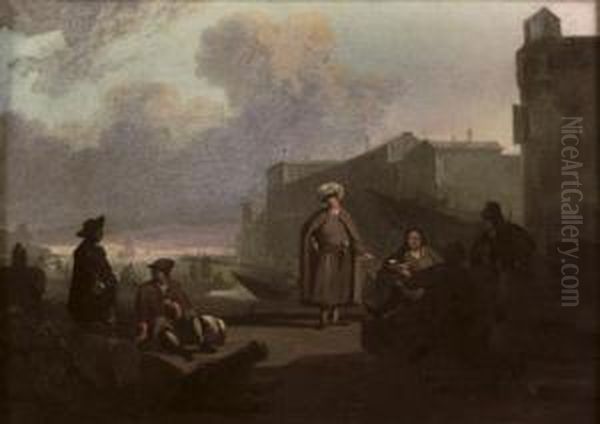 An Italianate Harbour With Merchants Conversing On A Quay Oil Painting by Wigerius Vitringa