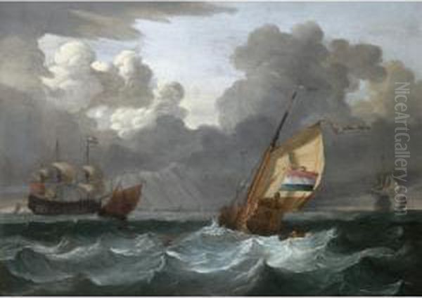 A Dutch Yacht Off The Coast, A Man-o'-war And Other Ships In The Distance Oil Painting by Wigerius Vitringa