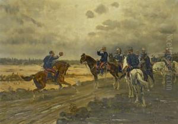 Meldereiter Bringt Franzosischem General Mit Seinem Stab Schlechtenachricht Oil Painting by Jules Vittaly