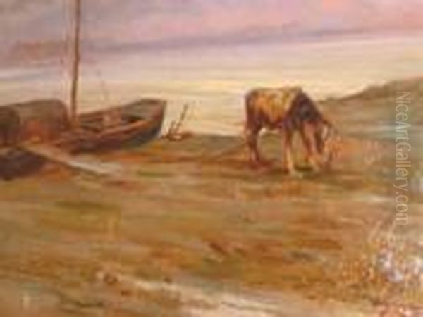 Beach Scene With Horse And Fishing Boat Oil Painting by Carlo Vittori