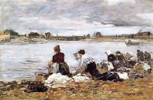 Laundresses on the Banks of the Touques III Oil Painting by Eugene Boudin