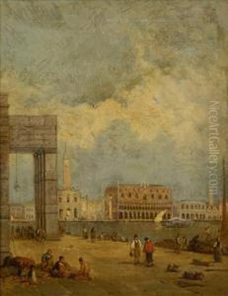 View Ofthe Customs House From The Ducal Palace, Venice, Figures In Theforeground Oil Painting by George Vivian