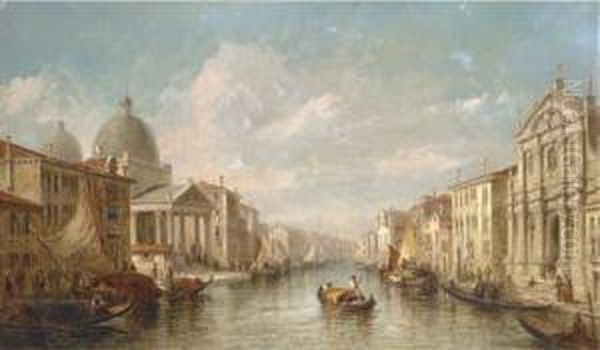 Barges And Gondolas On The Grand Canal, Venice Oil Painting by J. Vivian