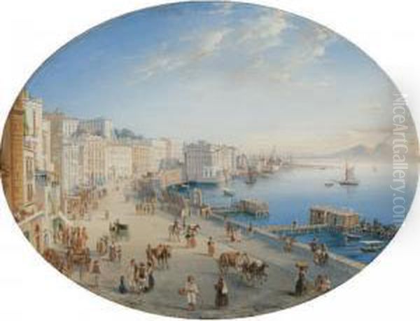 Naples, A View Of The Harbour With Vesuvius Beyond Oil Painting by Antonio Viviani Il Sordo