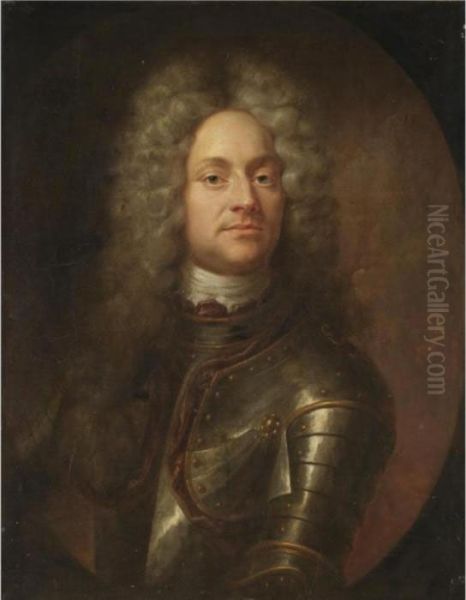 Portrait Of A Gentleman, Half-length, Wearing Armour, In A Painted Oval Oil Painting by Joseph Vivien