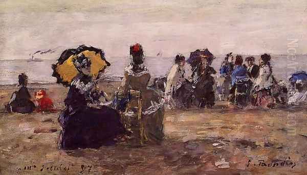 Beach Scene, the Yellow Parasol Oil Painting by Eugene Boudin