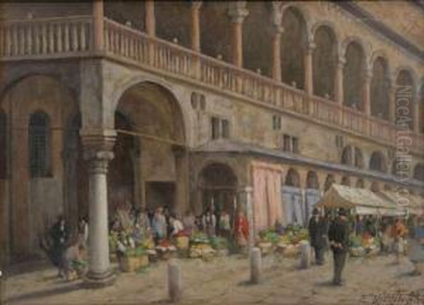 Bloemenmarkt Op Het San Marco-pleinte Venetie Oil Painting by Giuseppe Vizzotto Alberti