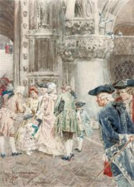 Gossiping Outside A Venetian Church Oil Painting by Giuseppe Vizzotto Alberti