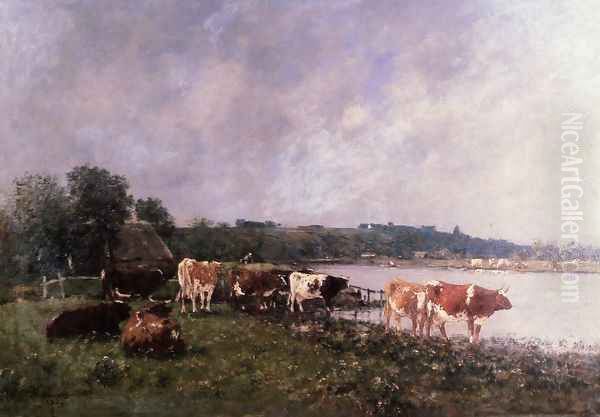 Cows on the Riverbanks of the Touques Oil Painting by Eugene Boudin